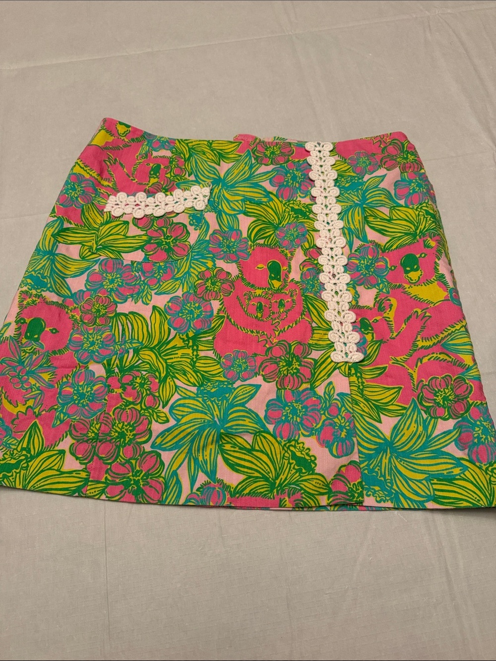 Lilly Pulitzer Hot Pink Tropical Mini Skirt with White Crochet Trim